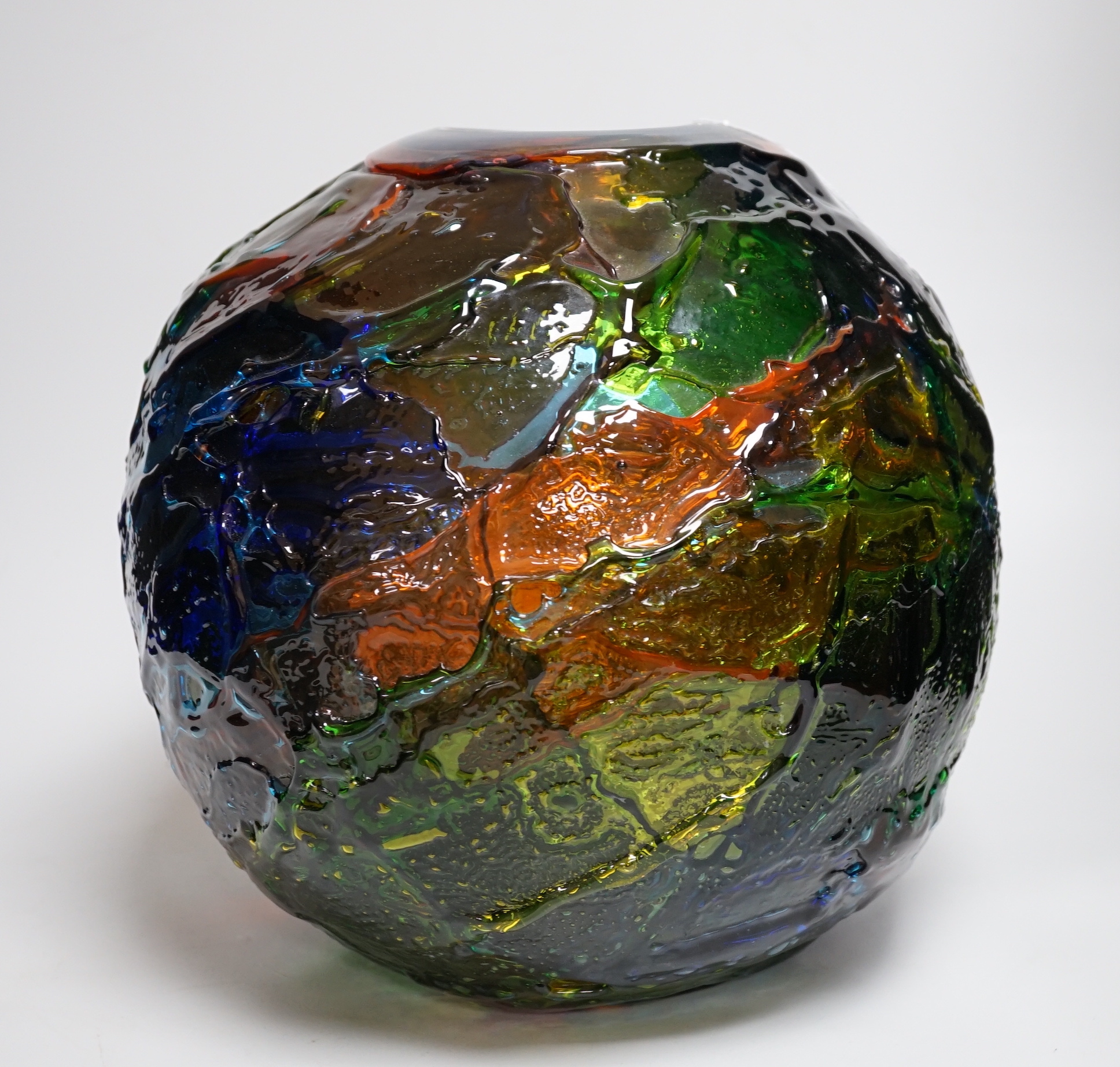 An Art Glass multi coloured, textured globular vase, signed Goedulenti, 32cm high